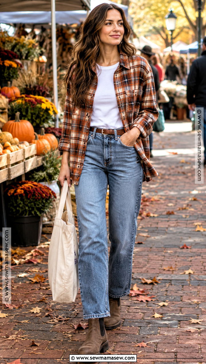 Flannel Shirt and Relaxed Jeans Fall Outfit - 15 Fall Comfortable Outfits for Women