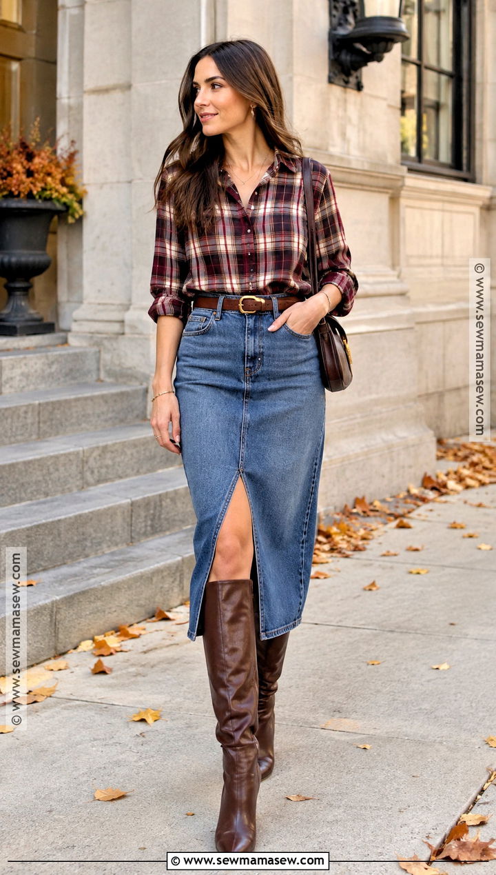 Flannel With A Denim Skirt And Knee High Boots - 15 fall fits flannel
