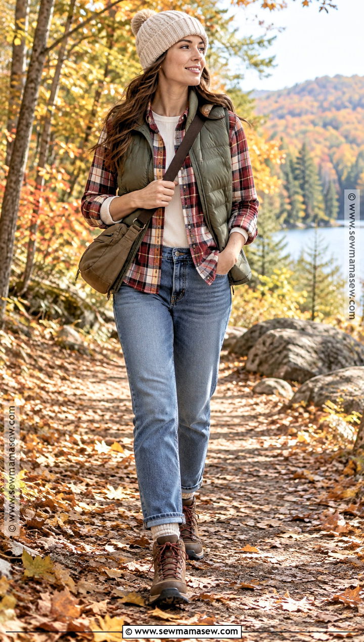 Flannel With A Puffer Vest And Hiking Boots - 15 Cute Fall Outfits Flannel