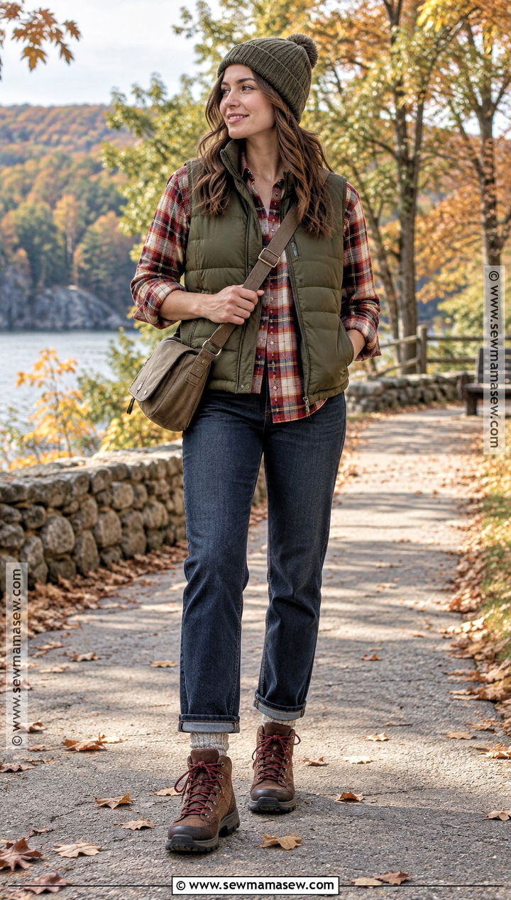 Flannel With Puffer Vest and Jeans - 15 Fall Outfits 2026 Flannel