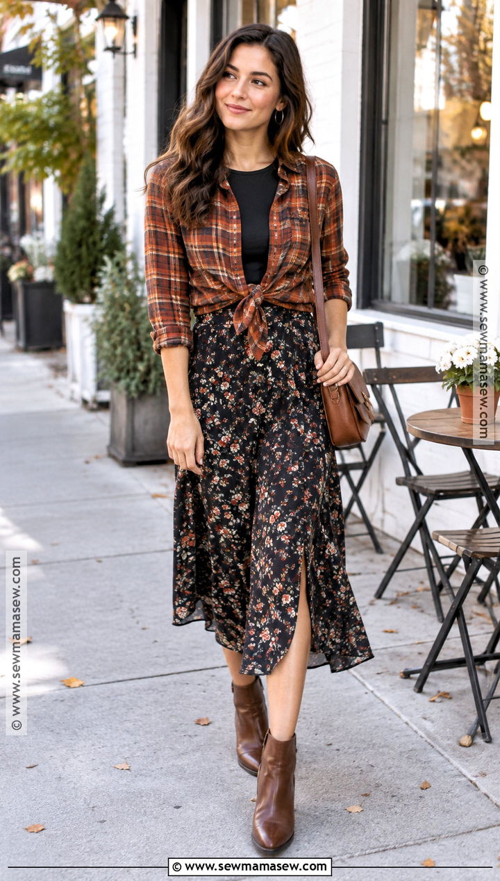 Flannel and Floral Midi Skirt Outfit - 15 flannel and skirt outfit fall ideas