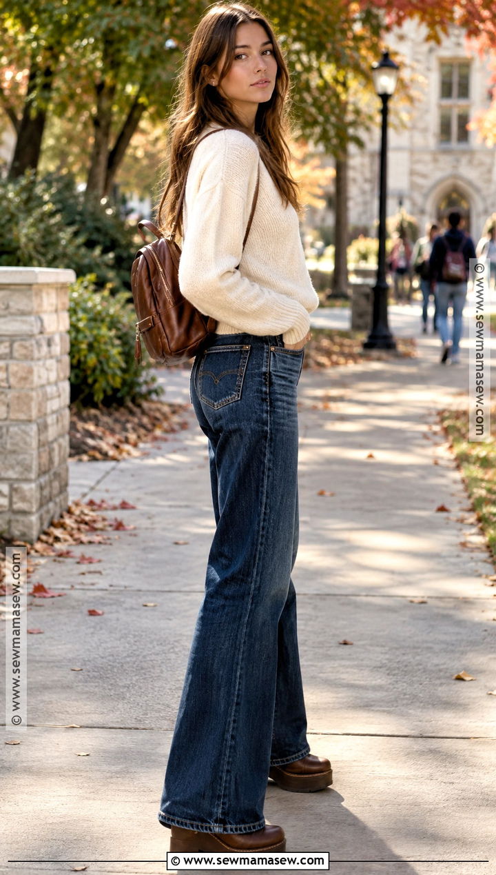 Flare Jeans And Crewneck Sweater Outfit - 15 jeans outfit back to school