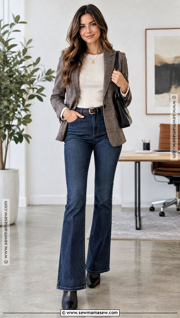 Flare Jeans Blazer And Heeled Ankle Boots - 15 Fall Jeans Outfit Casual Ankle Boots
