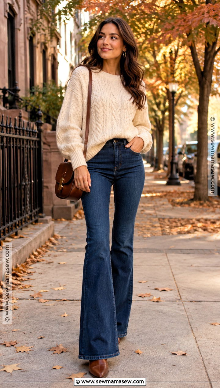 Flare Jeans With A Cable Knit Sweater - 20 fall jean outfits for women