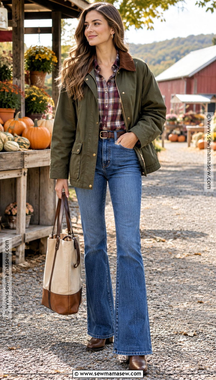 Flare Jeans With Barn Jacket And Plaid Shirt - 20 Fall Outfits Flare Jeans
