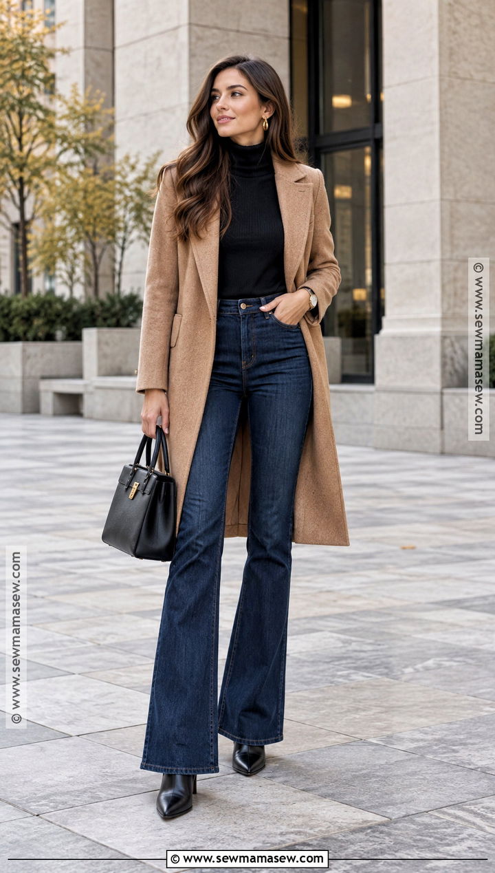 Flare Jeans With Camel Coat And Black Turtleneck - 20 Fall Outfits Flare Jeans