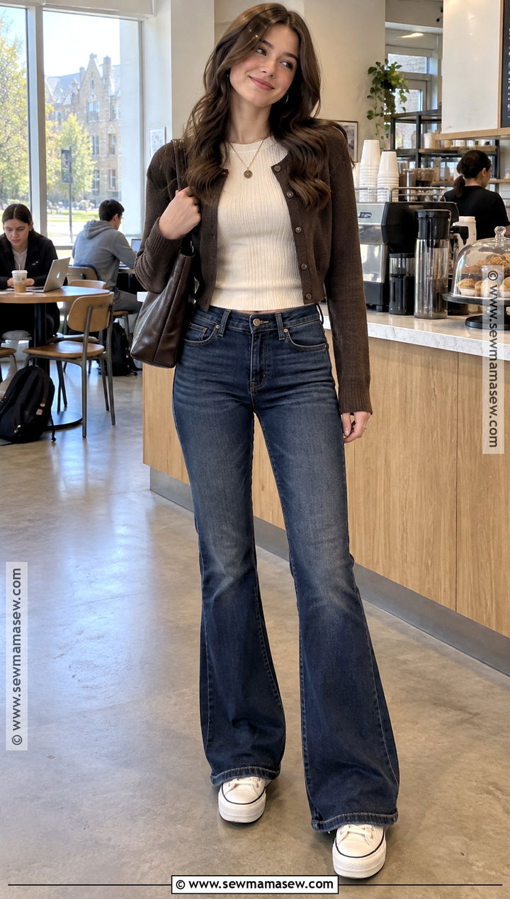 Flare Jeans With Fitted Sweater and Platform Shoes - 20 back to school pants