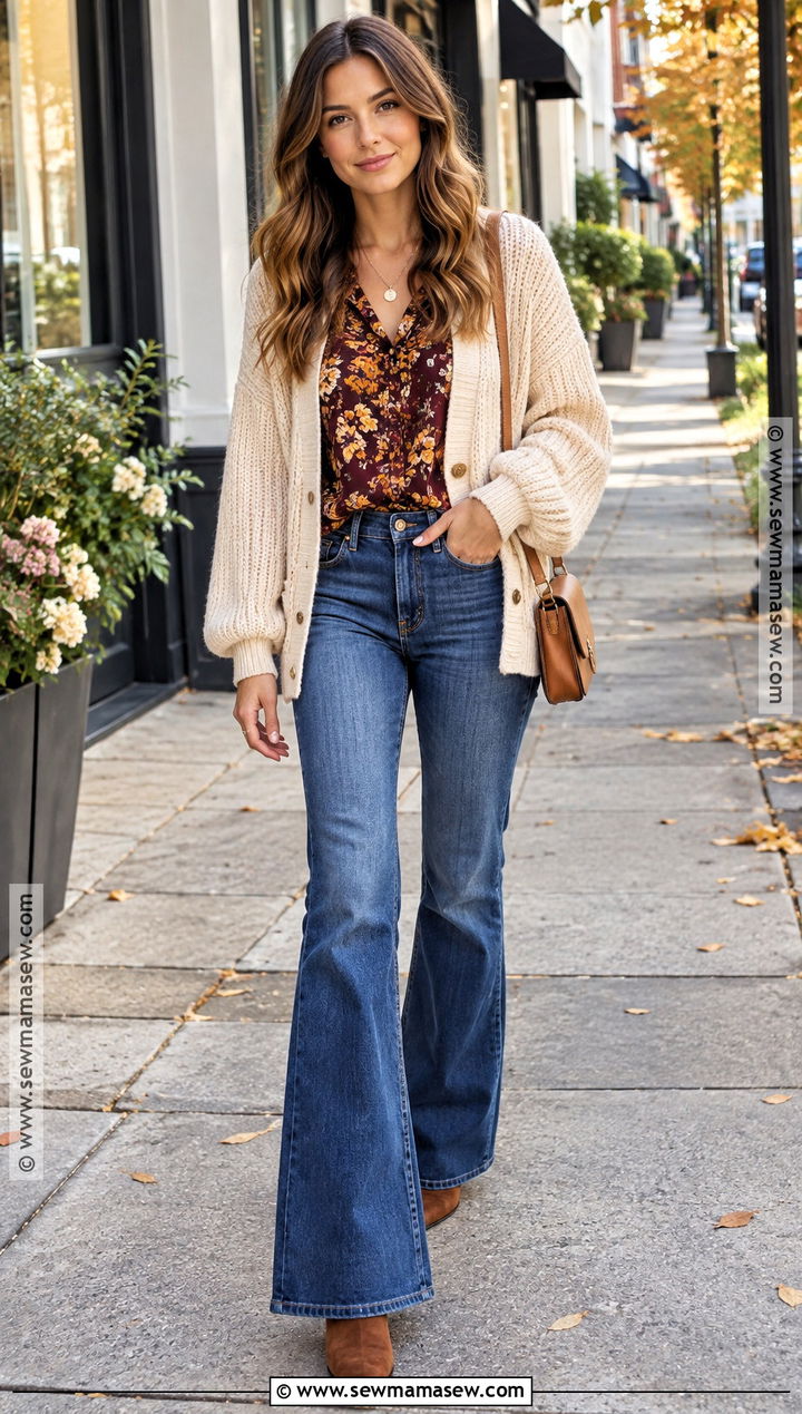 Flare Jeans With Floral Blouse And Chunky Cardigan - 20 Fall Outfits Flare Jeans