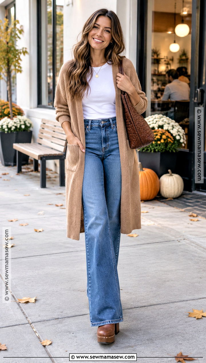 Flare Jeans With Long Cardigan And Clogs - 20 Fall Outfits Flare Jeans