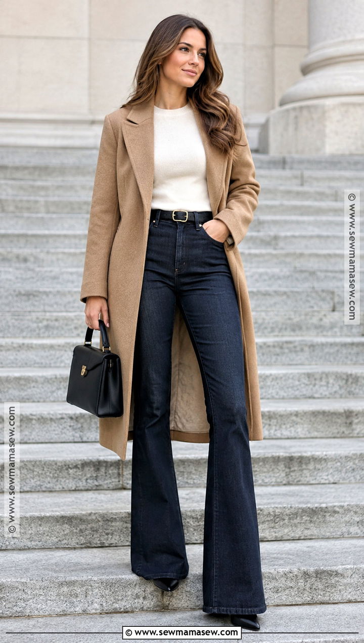 Flare Jeans With Long Coat And Fitted Sweater - 20 flare jeans outfit autumn