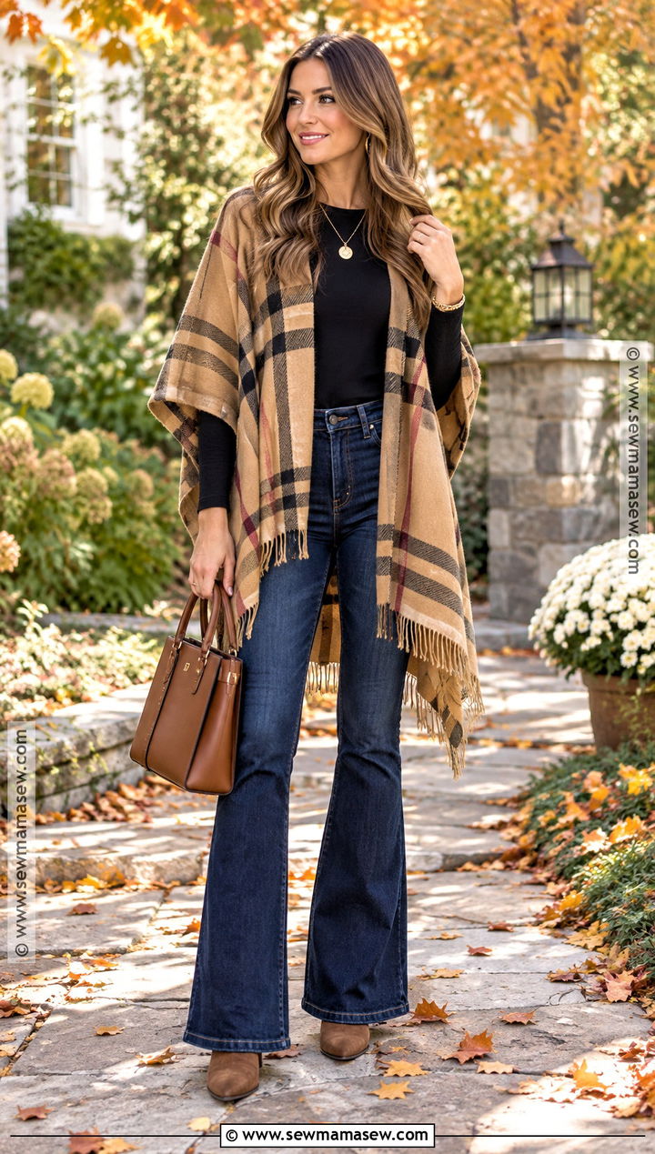 Flare Jeans With Poncho And Heeled Boots - 20 flare jeans outfit autumn