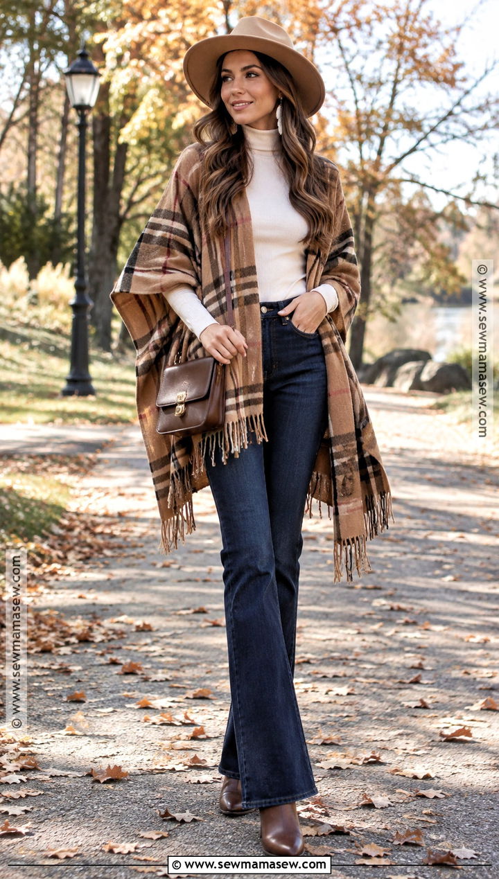 Flare Jeans With Poncho And Heeled Boots - 20 Fall Outfits Flare Jeans