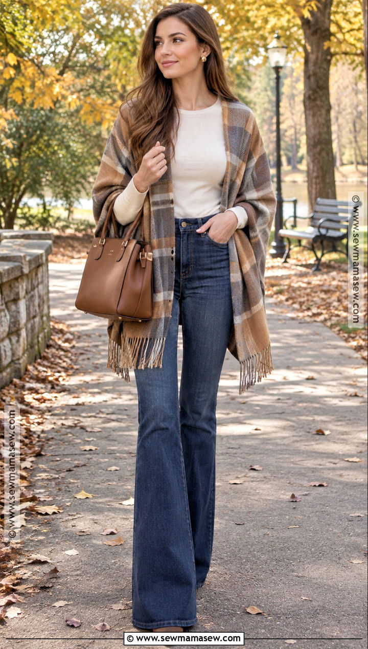 Flare Jeans With Poncho And Knee High Boots - 25 flare jeans outfit fall