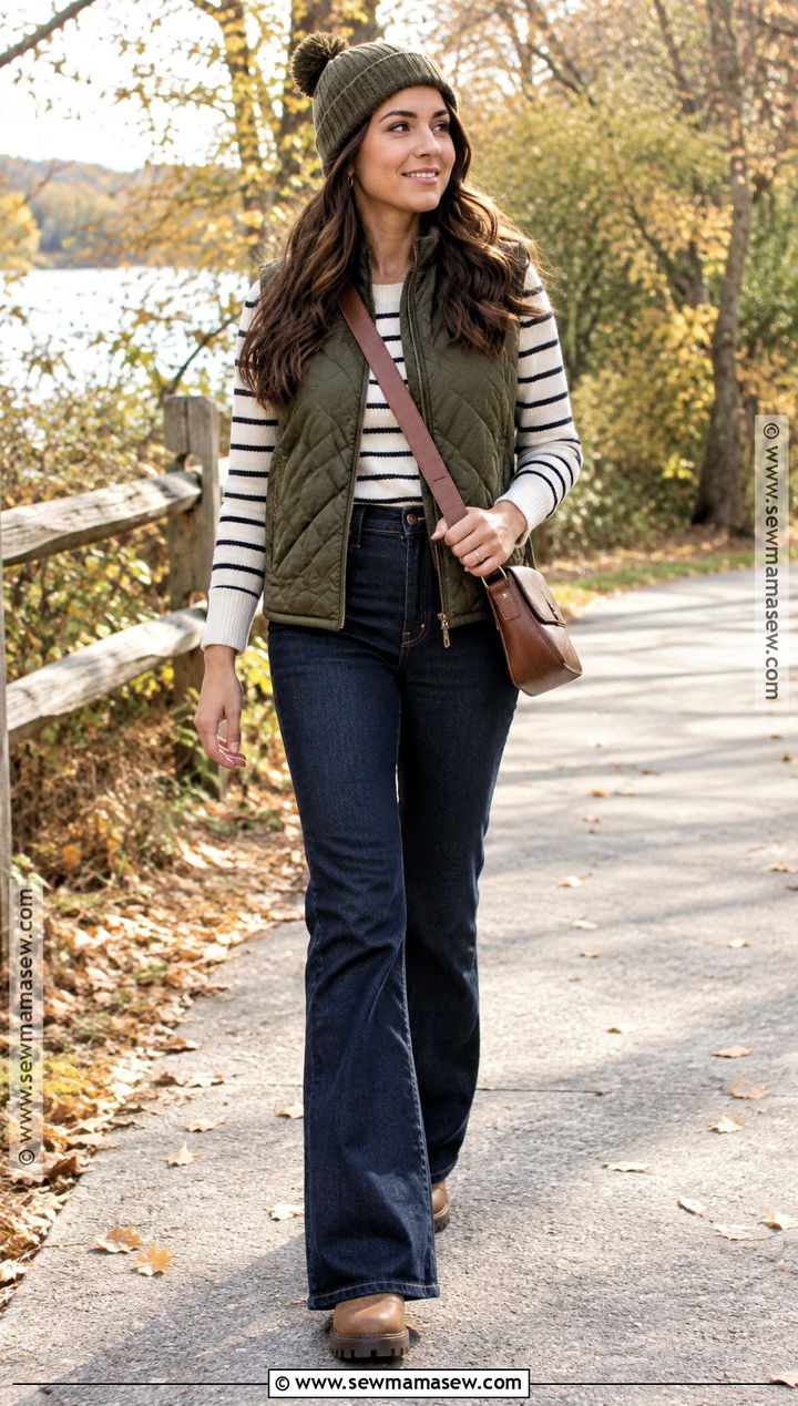 Flare Jeans With Quilted Vest And Long Sleeve Top - 25 flare jeans outfit fall