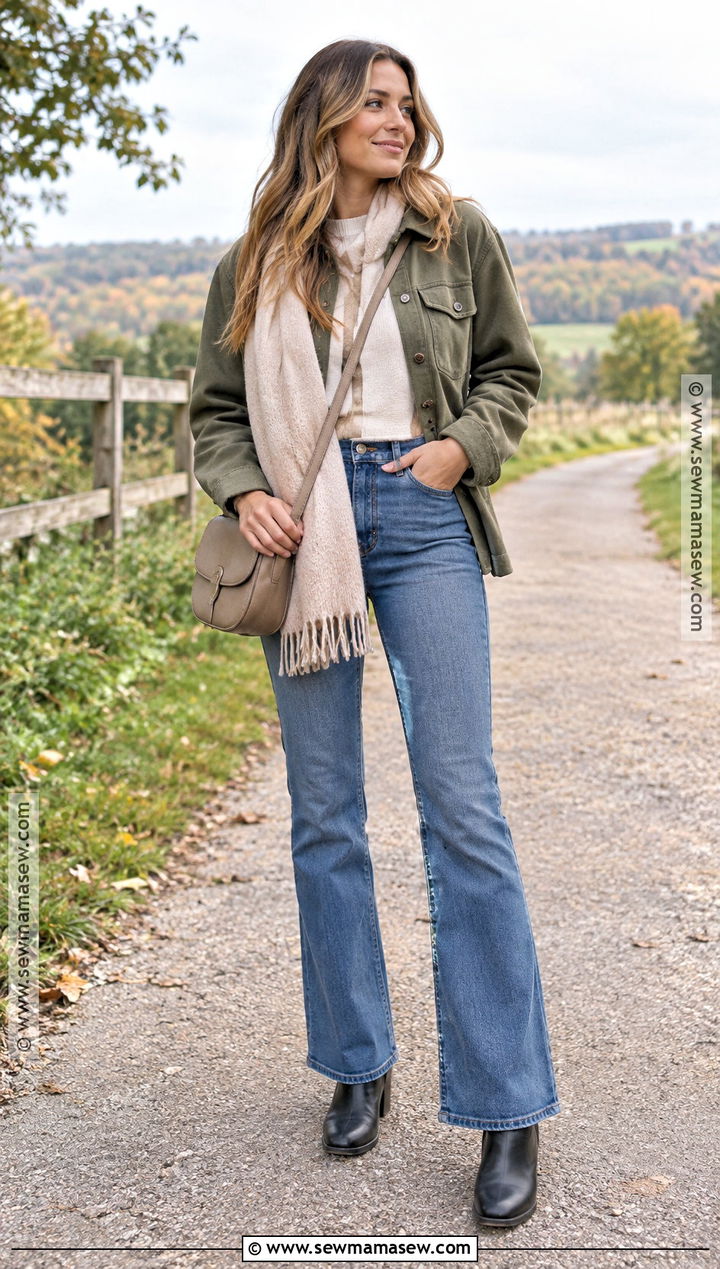 Flare Jeans With Shacket And Chelsea Boots - 20 flare jeans outfit autumn
