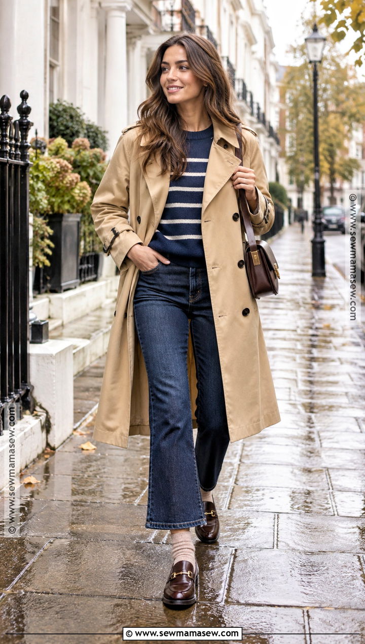 Flare Jeans With Trench Coat And Loafers - 20 flare jeans outfit autumn