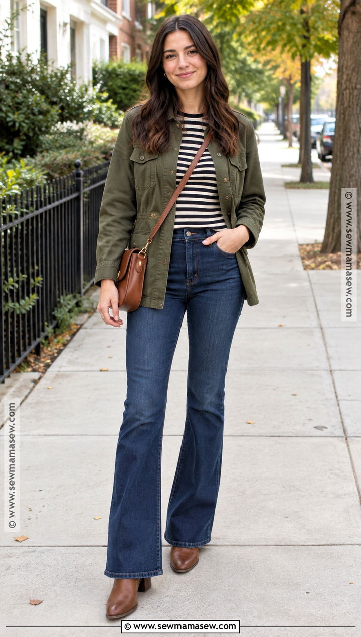 Flare Jeans With Utility Jacket And Striped Top - 20 flare jeans outfit autumn