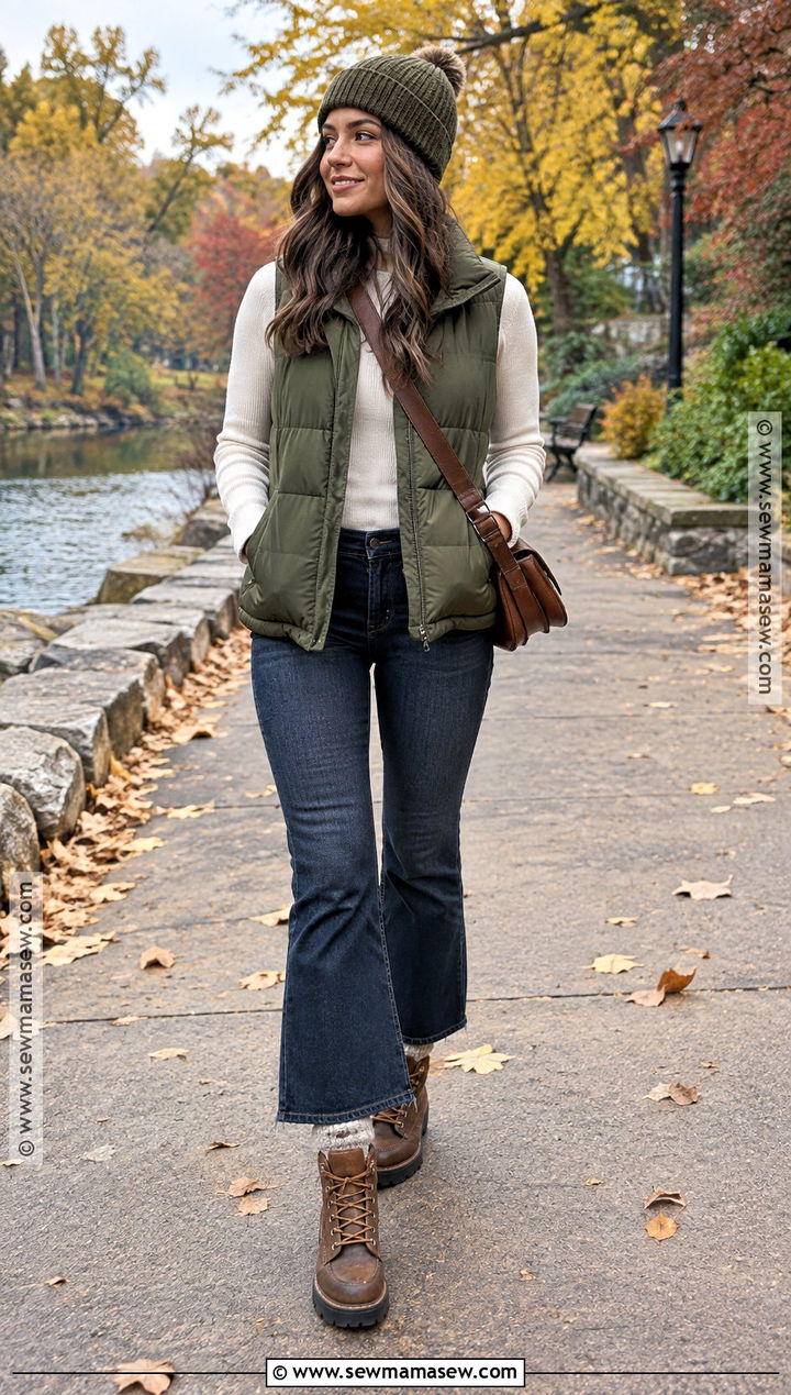 Flare Jeans With a Puffer Vest and Hiking Boots - 20 flair jeans outfit fall