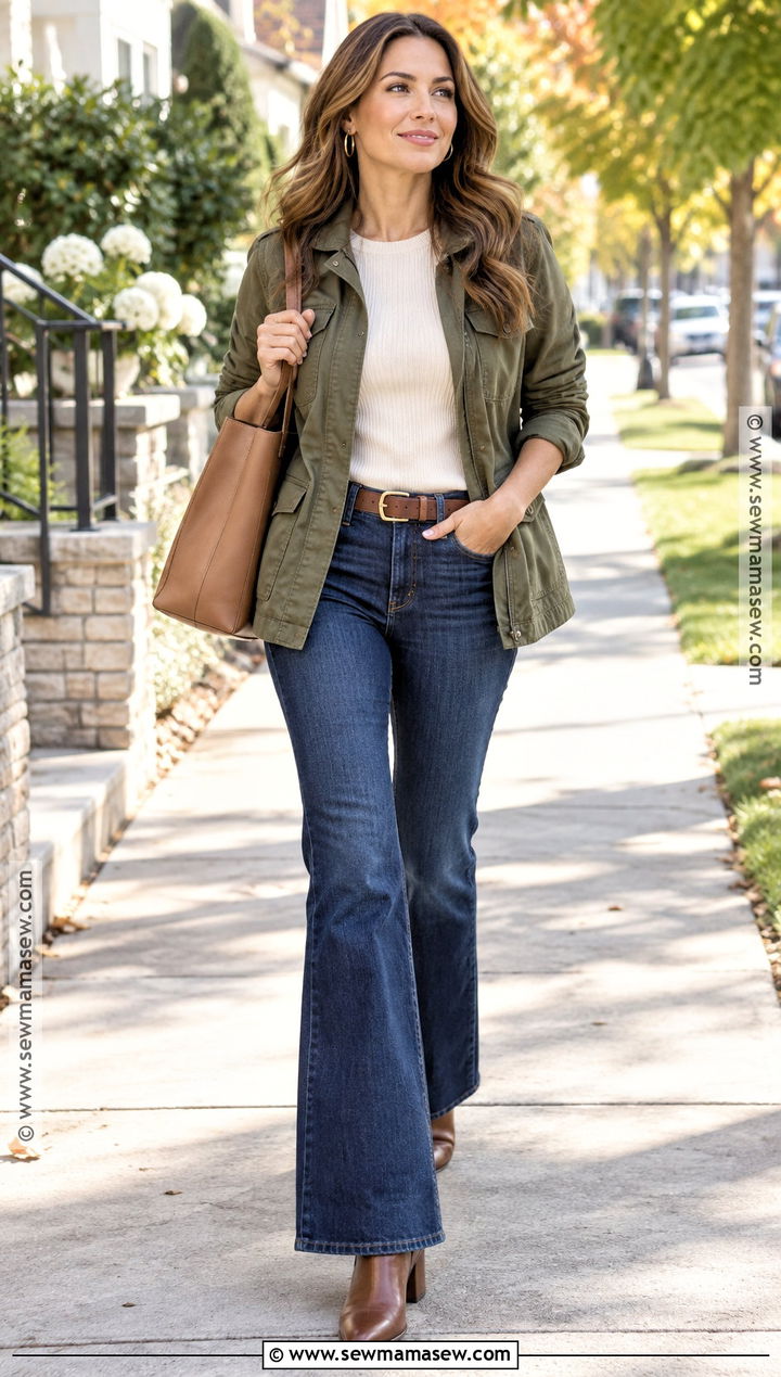 Flare Jeans and Utility Jacket Fall Outfit - 15 fall outfits for moms over 30