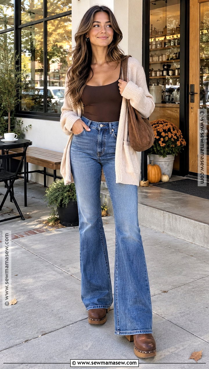Flare Leg Jeans With Cardigan And Bodysuit - 15 flare leg jeans outfit fall