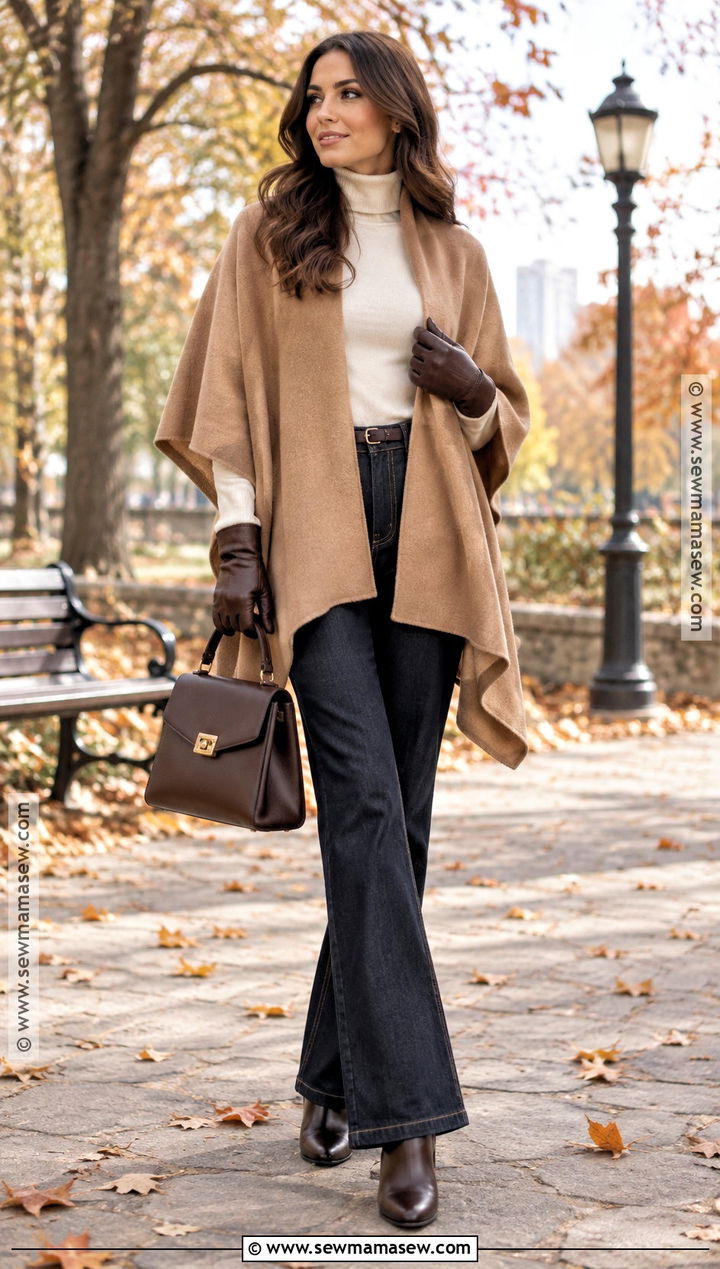 Flare Leg Jeans With Poncho And Mock Neck Top - 15 flare leg jeans outfit fall