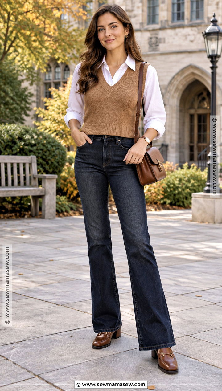 Flare Leg Jeans With Sweater Vest And Button Down Shirt - 15 flare leg jeans outfit fall