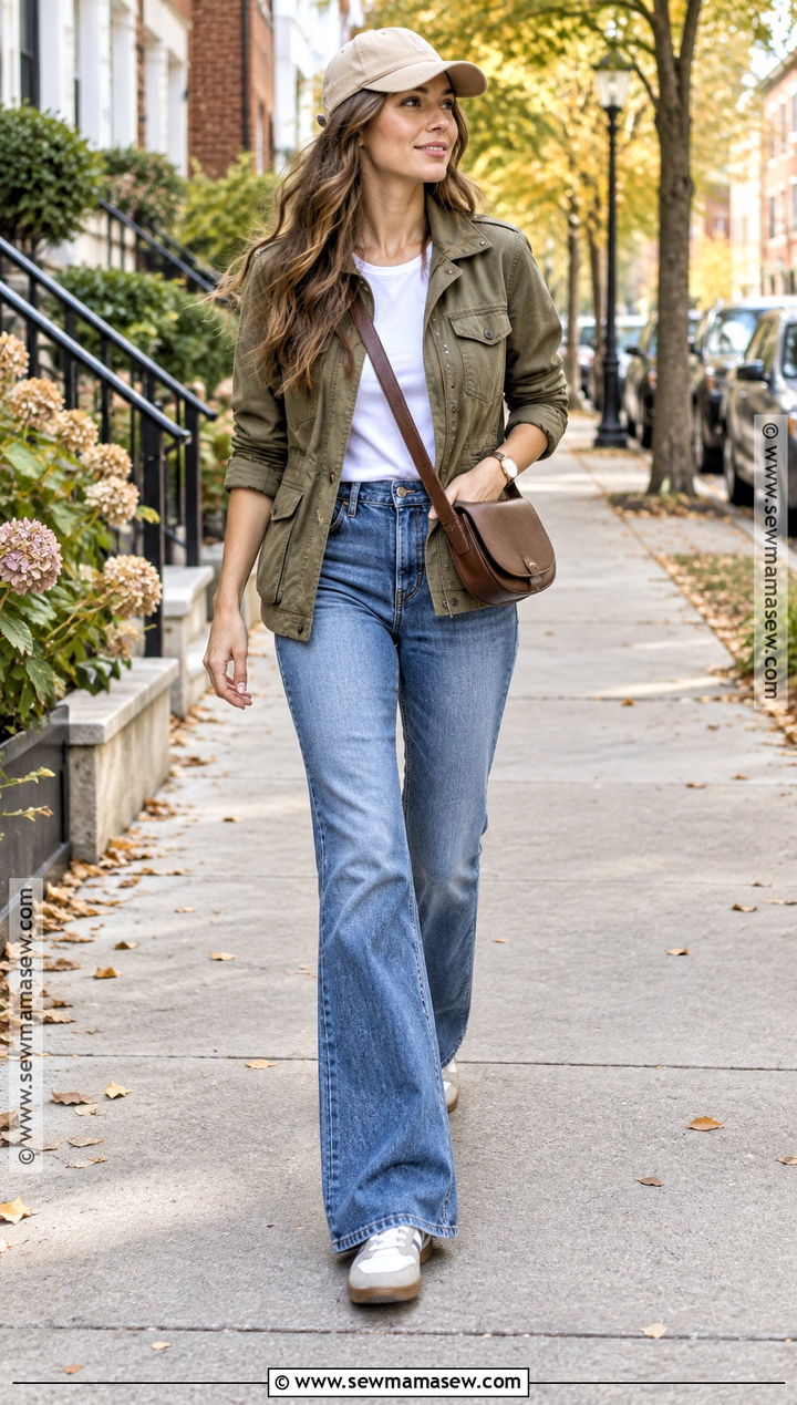 Flare Leg Jeans With Utility Jacket And Sneakers - 15 flare leg jeans outfit fall