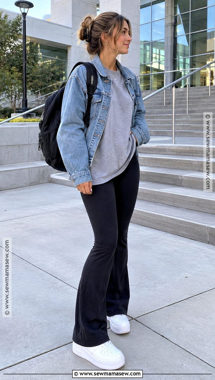 Flare Leggings And Denim Jacket Back To School Outfit - 15 back to school outfit list ideas