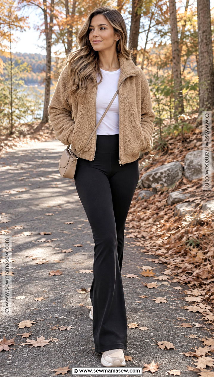 Flare Leggings And Fleece Jacket Walking Outfit - 15 Cute Walking Outfits Fall