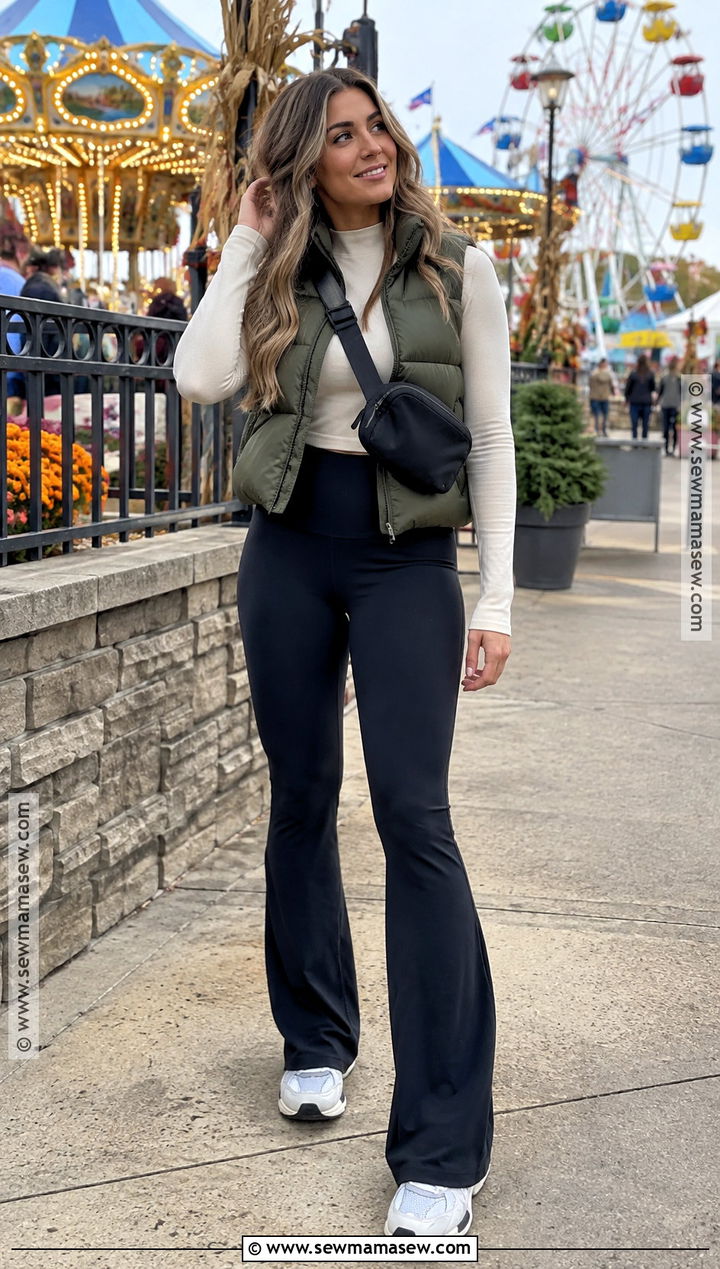 Flare Leggings And Puffer Vest Fall Amusement Park Outfit - 20 fall amusement park outfit ideas