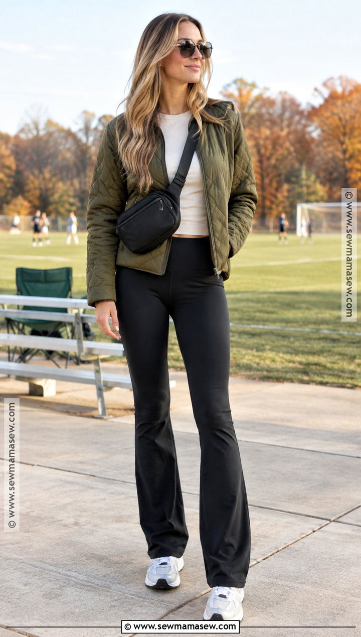 Flare Leggings And Quilted Jacket Soccer Mom Outfit - 15 soccer mom outfits fall