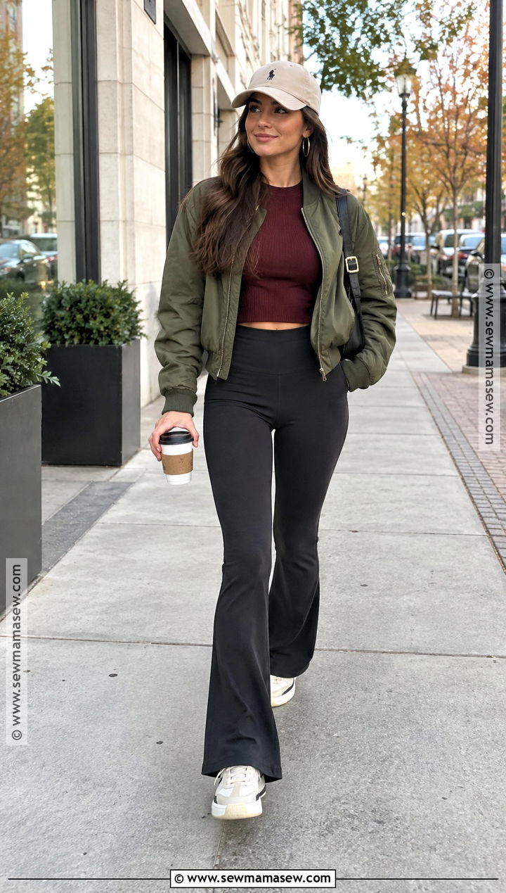 Flare Leggings With Cropped Sweater And Bomber Jacket - 15 fall fits flare leggings