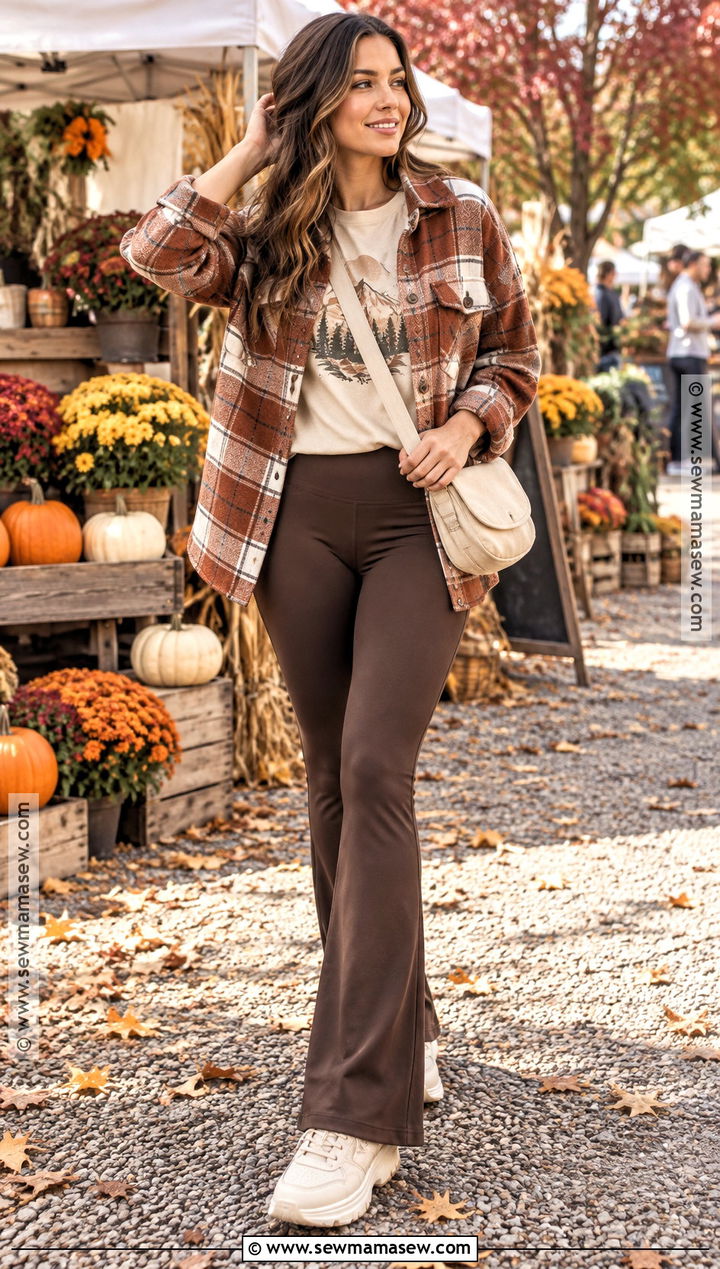 Flare Leggings With Plaid Shacket And Graphic T Shirt - 15 fall fits flare leggings