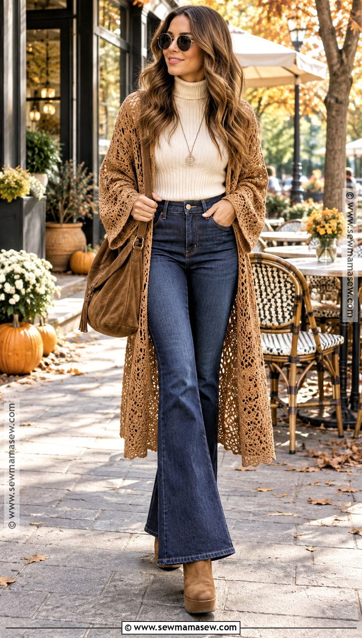 Flared Jeans And Crochet Cardigan Autumn Hippie Outfit - 20 autumn hippie outfits