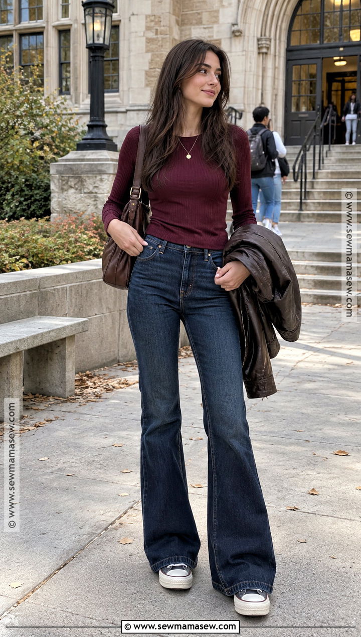 Flared Jeans And Ribbed Long Sleeve Top School Outfit - 25 back to school outfit ideas