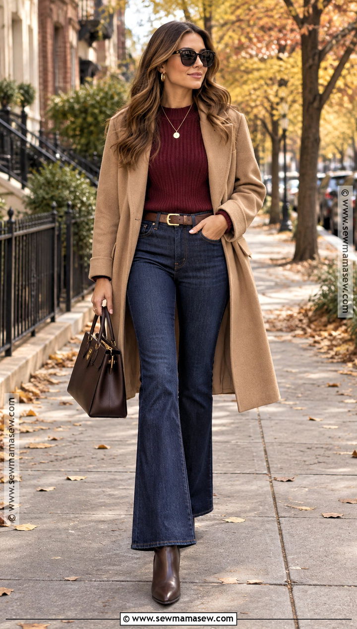 Flared Jeans With A Burgundy Sweater And Ankle Boots - 20 flared jeans outfit fall