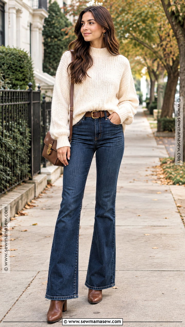 Flared Jeans With A Chunky Sweater And Ankle Boots - 20 flared jeans outfit fall