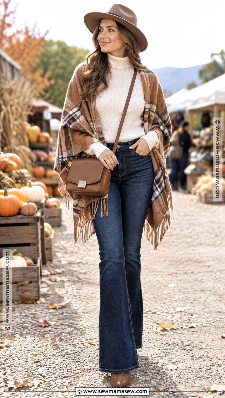 Flared Jeans With A Poncho And Tall Boots - 20 flared jeans outfit fall