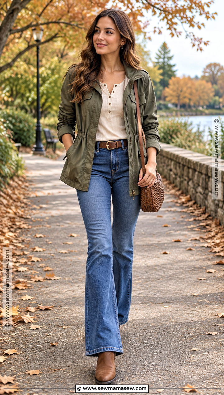 Flared Jeans With A Utility Jacket And Henley Top - 20 flared jeans outfit fall