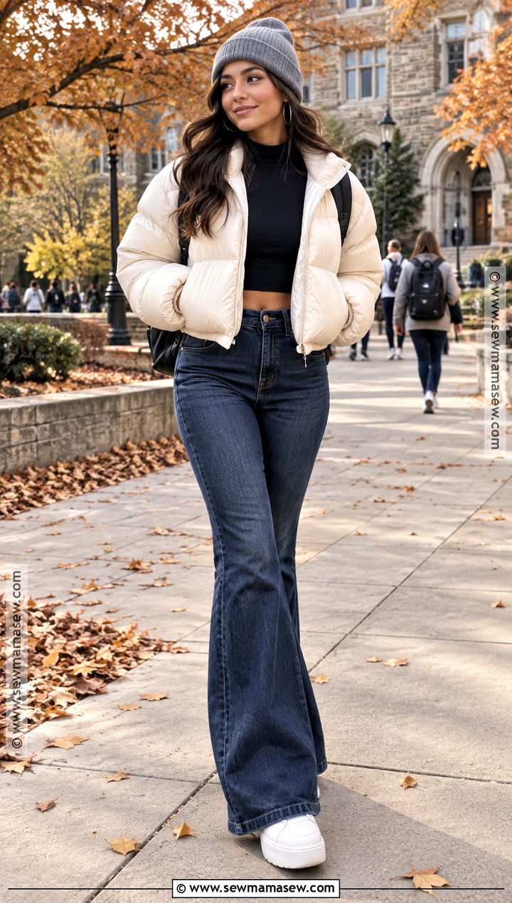Flared Jeans and Cropped Puffer Fall School Outfit - 20 fall baddie outfits for school