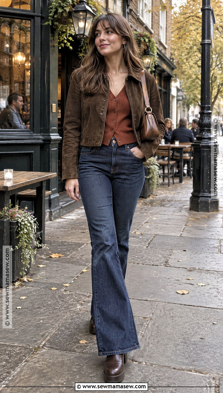 Flared Jeans and Fitted Cardigan Autumn Pub Outfit - 20 autumn pub outfit ideas