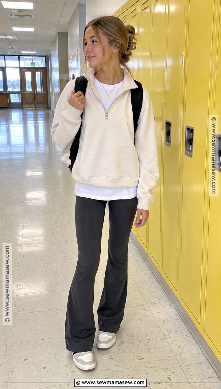 Flared Leggings And Quarter Zip Outfit - 25 back to school outfits middle school 6th grade