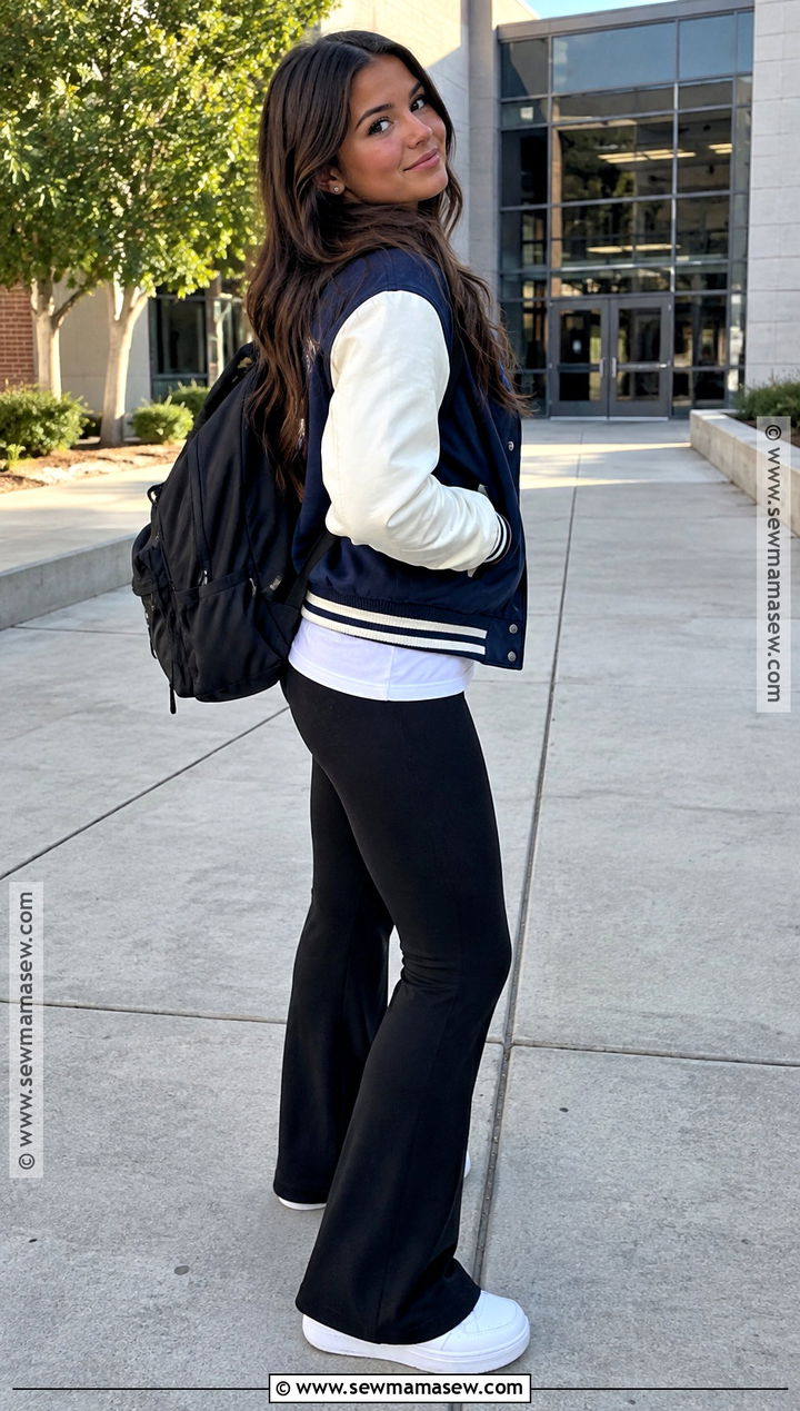 Flared Leggings And Varsity Jacket School Outfit - 15 cute back to school outfits highschool baddie