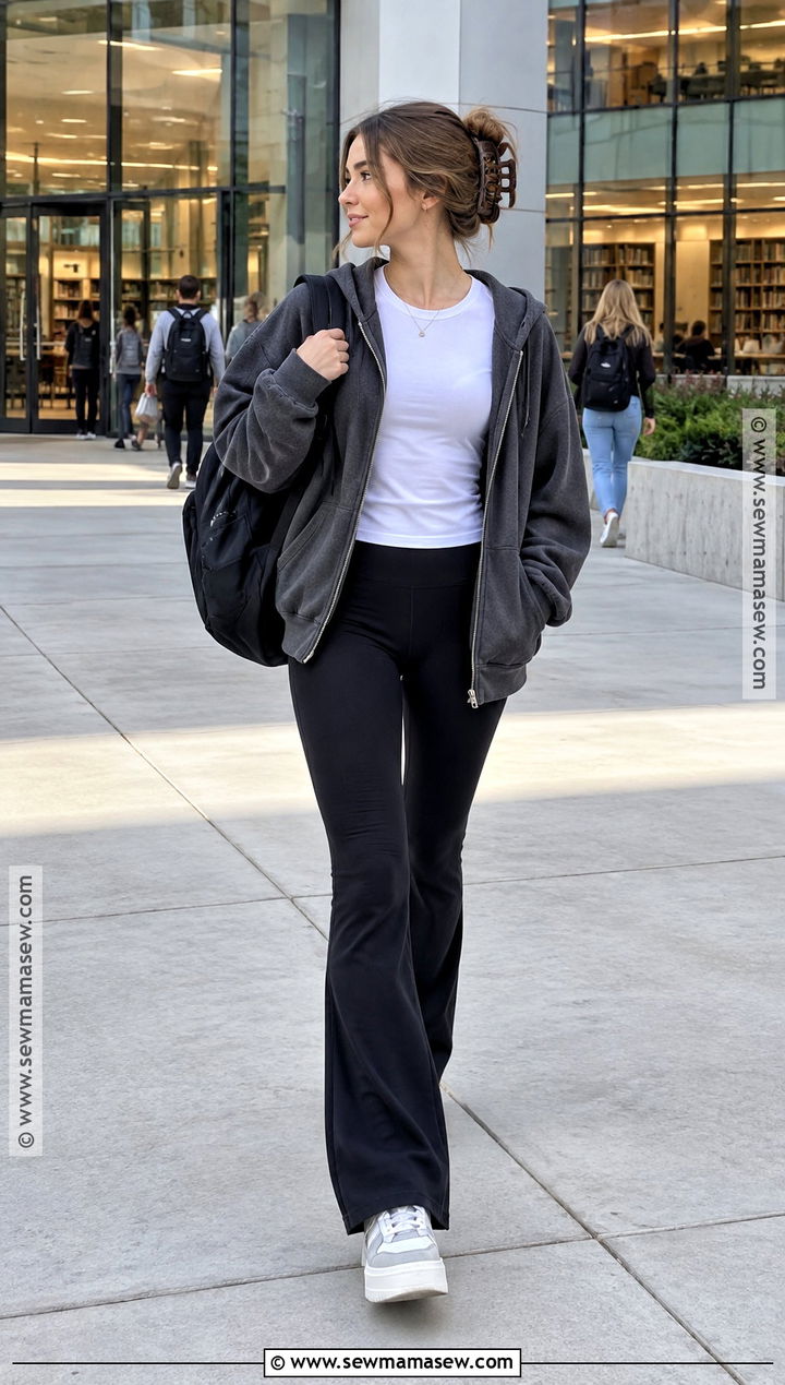 Flared Leggings And Zip Up Hoodie Outfit - 20 comfy back to school outfits
