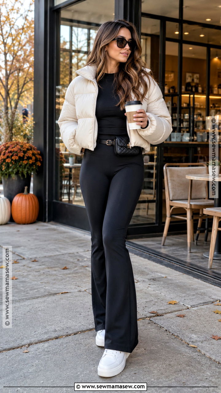Flared Leggings With Cropped Puffer And Sneakers - 20 leggings fall outfit casual