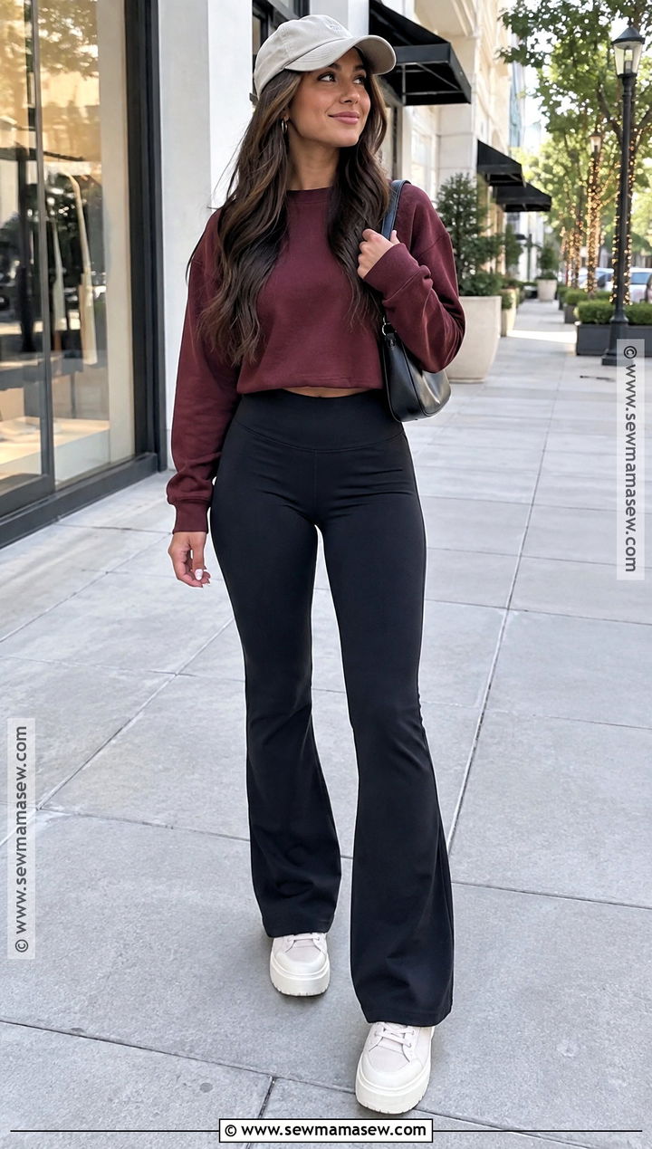 Flared Leggings With Cropped Sweatshirt And Sneakers - 20 cute legging outfits fall