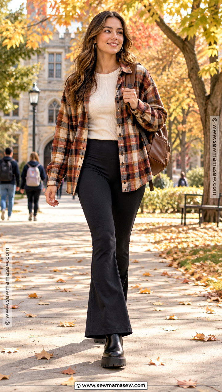 Flared Leggings With Plaid Overshirt And Chelsea Boots - 20 Flared Leggings Outfit Autumn