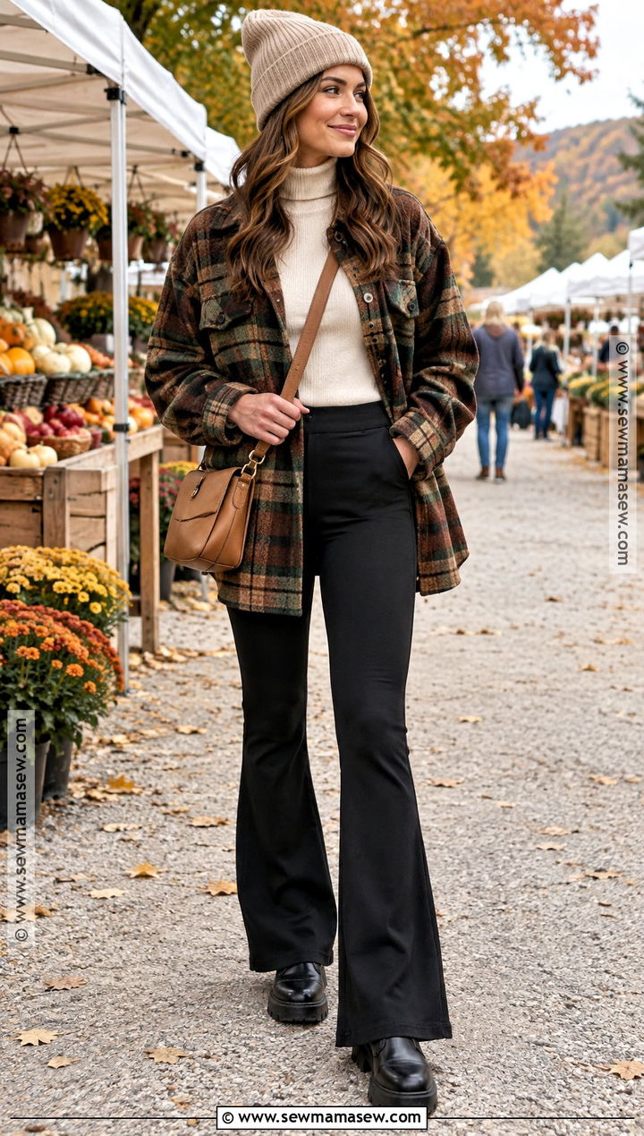 Flared Leggings With Plaid Shacket - 25 flared leggings outfit fall