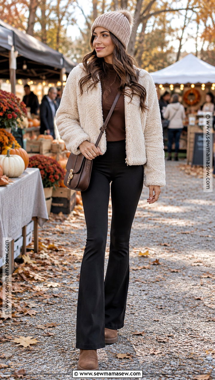 Flared Leggings With Sherpa Jacket - 25 flared leggings outfit fall