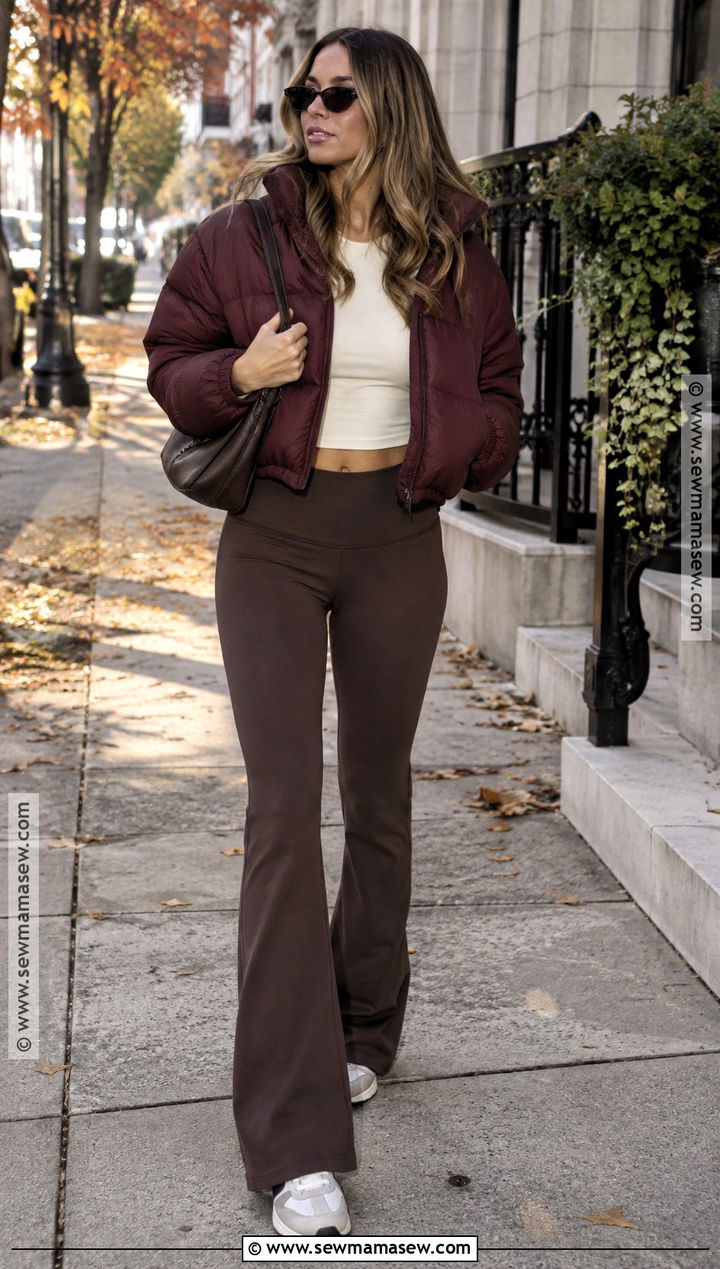 Flared Leggings and Cropped Puffer Fall Athleisure Outfit - 25 fall athleisure outfits